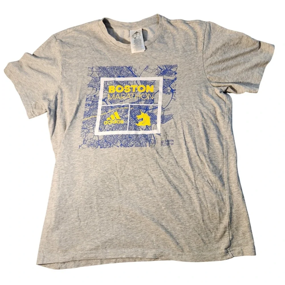 Boston Marathon Shirt Mens Medium Gray Running Adidas Blue Yellow Climalite Tee